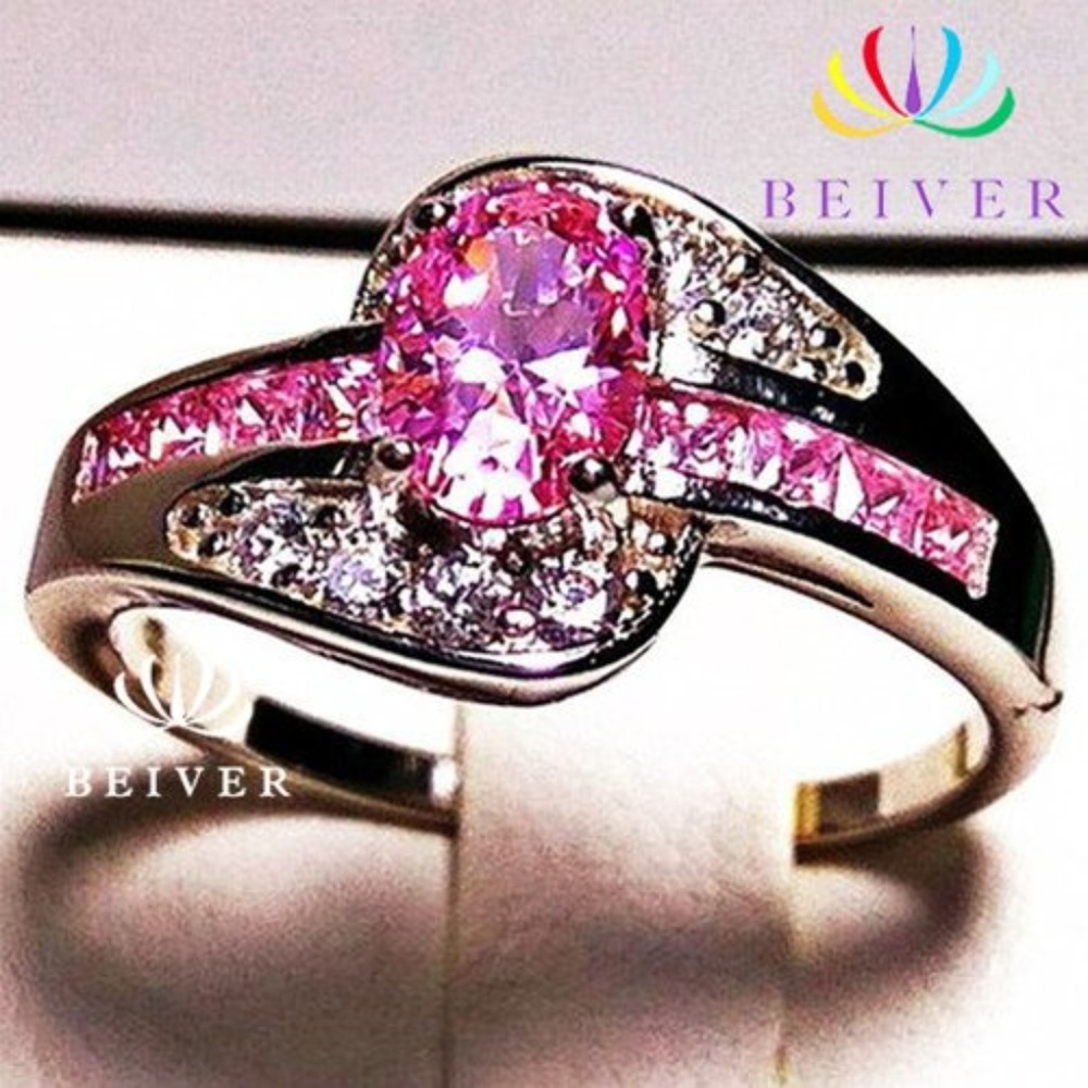 Pink AAA CZ Oval Cut Halo White Gold Plated Ring New